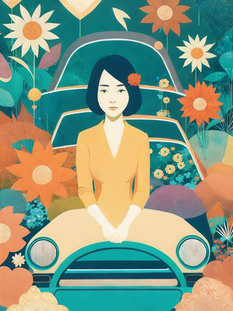 01055-1565291522-a painting of a woman sitting in a car with flowers in the background by Victo Ngai.png